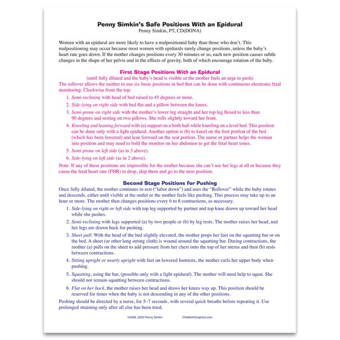 Penny Simkin's Safe Positions With an Epidural tear pad by Childbirth Graphics, educational information on epidurals, 52728