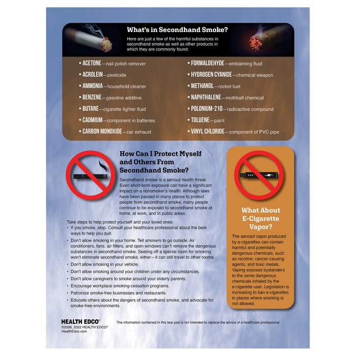 The Effects of Secondhand Smoke Tear Pad, health education handout explaining secondhand smoke dangers, Health Edco, 52743