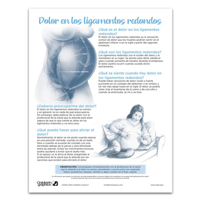 Round Ligament Pain Tear Pad by Childbirth Graphics, childbirth education handout for expectant mothers, Spanish side, 52754