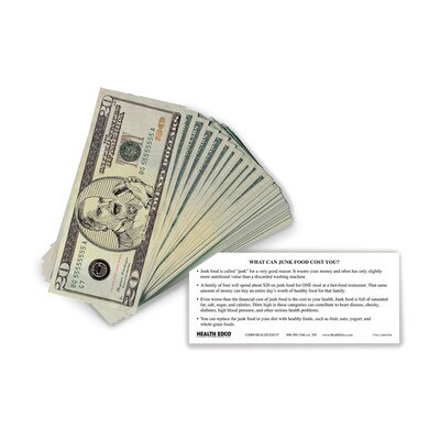Junk Food Money, $20 bill stack of play money man eating burger in center food facts on back, Health Edco, 77101
