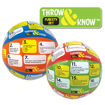 Puberty Throw & Know Activity Ball Set, two inflatable health education balls for teaching about puberty, Health Edco, 78009