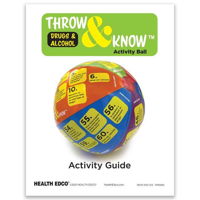 Drugs and Alcohol Throw & Know Activity, activity guide with 60 questions for health education ball, Health Edco, 78036