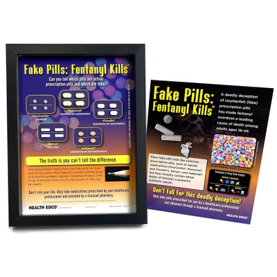 Fake Pills: Fentanyl Kills 3-D Display, drug education display with pills models in case and tent card, Health Edco, 78062