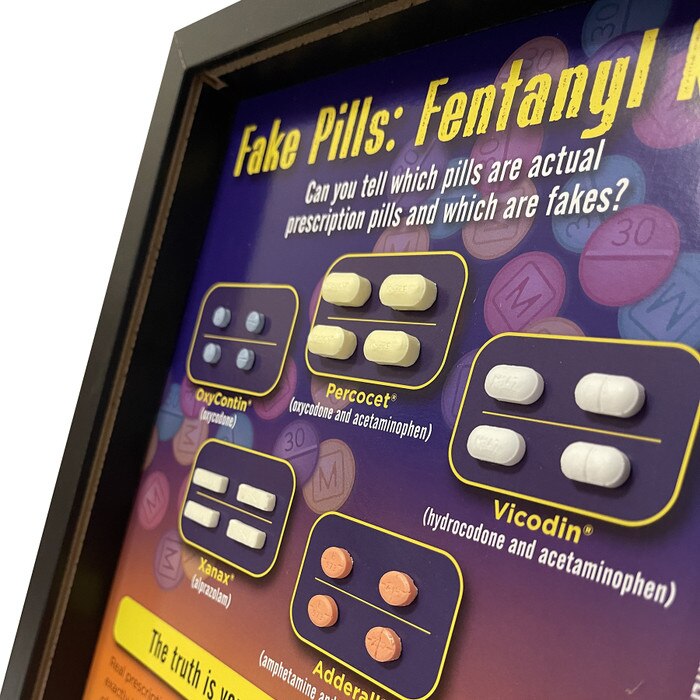 Fake Pills: Fentanyl Kills 3-D Display, side view of drug education display pill models in case, Health Edco, 78062