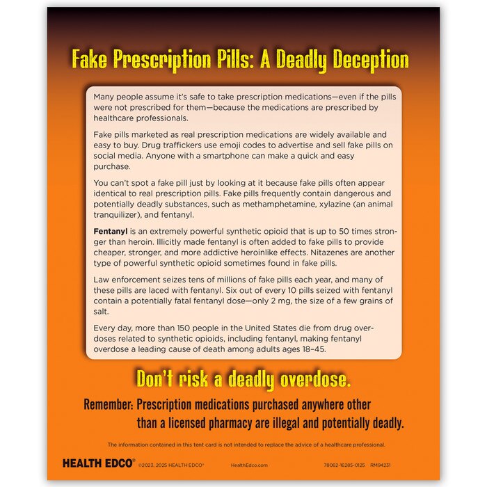 Fake Pills: Fentanyl Kills 3-D Display, back of of drug education display informational tent card, Health Edco, 78062