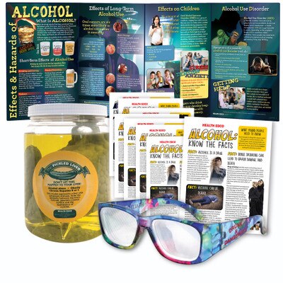 Alcohol Education Kit for health education from Health Edco with educational display, drunk glasses, and liver model, 78620