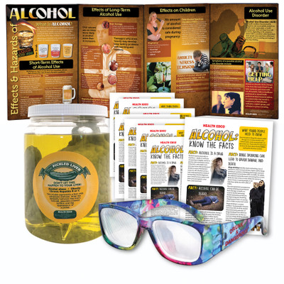 Alcohol Education Kit for health education from Health Edco with educational display, drunk glasses, and liver model, 78620