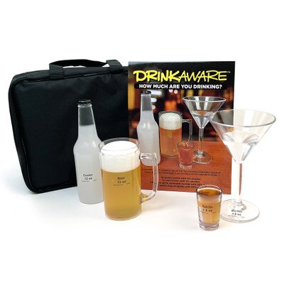 DrinkAware Display, alcohol health education display with drink models showing US standard size drink, Health Edco, 78640