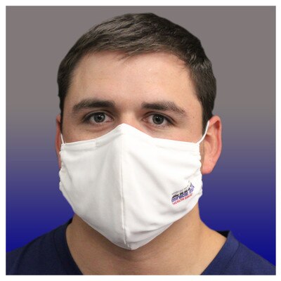 Zinc Miracle Mask by Health Edco, man shown from front wearing white cloth face mask made of zinc-infused fabric, 78847