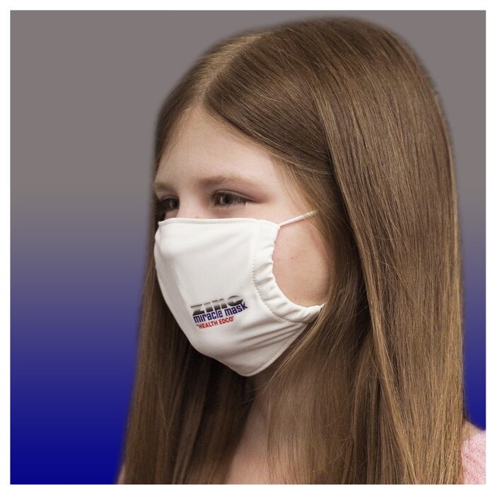Zinc Miracle Mask by Health Edco, side view of young girl wearing youth white cloth face mask made with durable fabric, 78848