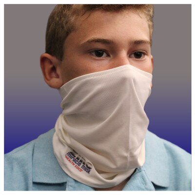 Zinc Miracle Mask Gaiter by Health Edco, front view of boy in one-size-fits-most white gaiter protective face covering 78865