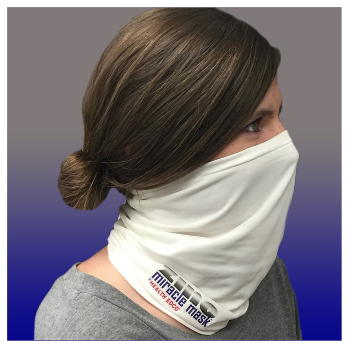 Zinc Miracle Mask Gaiter by Health Edco, side view of woman in one-size-fits-most white gaiter protective face covering 78865
