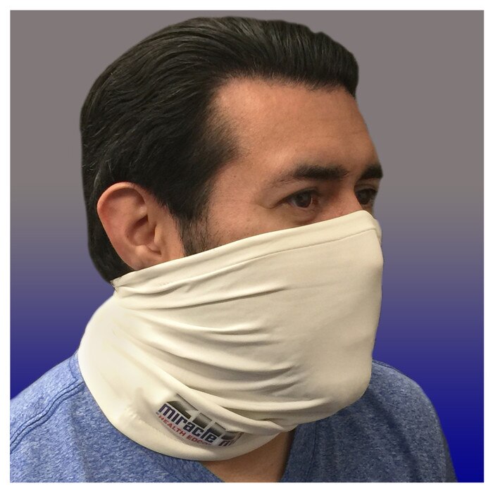 Zinc Miracle Mask Gaiter by Health Edco, side view of man in one-size-fits-most white gaiter protective face covering 78865