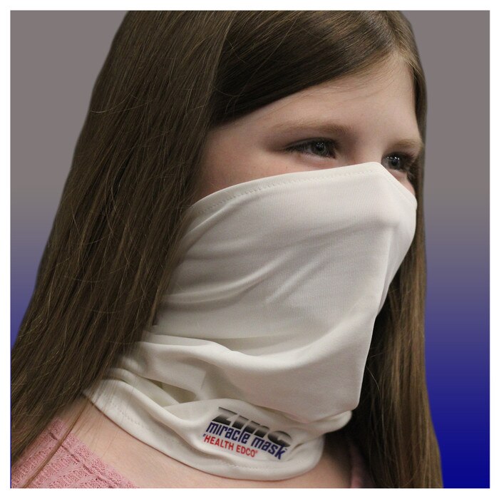 Zinc Miracle Mask Gaiter by Health Edco, young girl wearing white one-size-fits-most protective cloth face covering, 78865