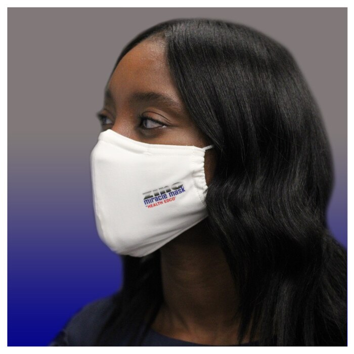 Zinc Miracle Mask by Health Edco, side view of pretty young woman in one-size-fits-most cloth face mask, 78866