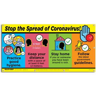 Stop the Spread of Coronavirus Banner for health education from Health Edco providing steps to stop spread of COVID-19, 78885