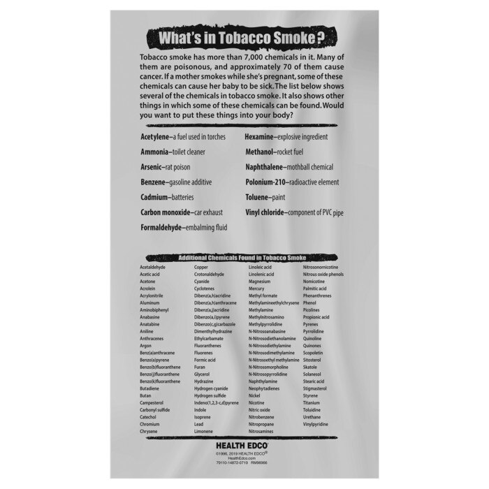 Giant Cigarette Model tobacco education resource from Health Edco with banner about harmful chemicals in tobacco smoke, 79110