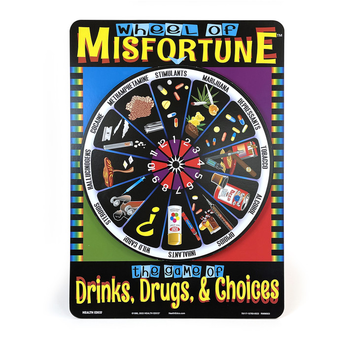 Wheel of Misfortune health education game from Health Edco for teens about alcohol, drugs, and healthy choices, 79117