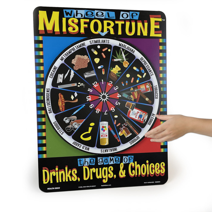 Wheel of Misfortune Game, health education game with spinning wheel to teach about the dangers of drugs, Health Edco, 79117