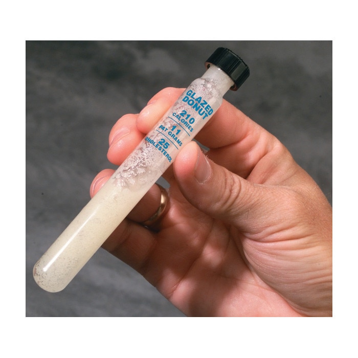 Fat Facts Test Tube Set (5), five sets of nutrition education test tubes, hand with tube of simulated fat, Health Edco, 79280
