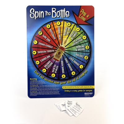 Spin the Bottle Game, health education activity for alcohol awareness with spinning wheel and game cards, Health Edco, 79339