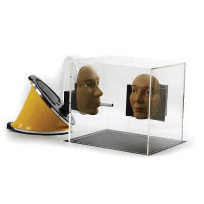 Puffing Poison Tank, plexiglas box with 2 mounted face models one smoking cigarette attached to hand pump, Health Edco, 79596