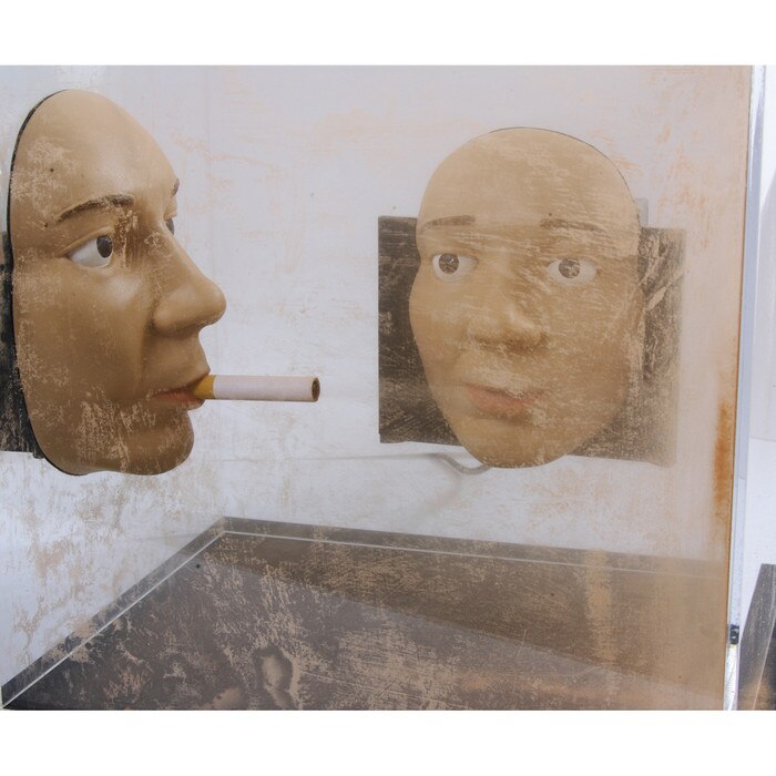 Puffing Poison Tank, plexiglas box with 2 mounted face models one smoking cigarette attached to hand pump, Health Edco, 79596