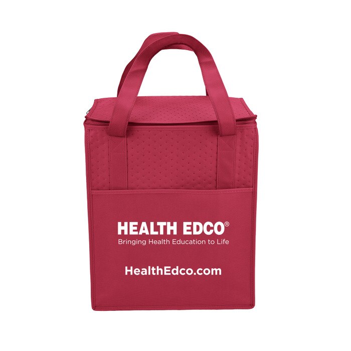 Health Edco Faux Food Tote, red insulated thermal tote bag to transport health education faux food teaching models, 85412