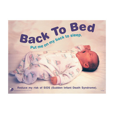 Back to Bed Poster, baby yawning wearing sleeper on back in baby bed, Childbirth Graphics, 89553