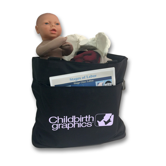 Childbirth Graphics Tote Bag filled with childbirth education model sets and other childbirth educator teaching tools, 92866