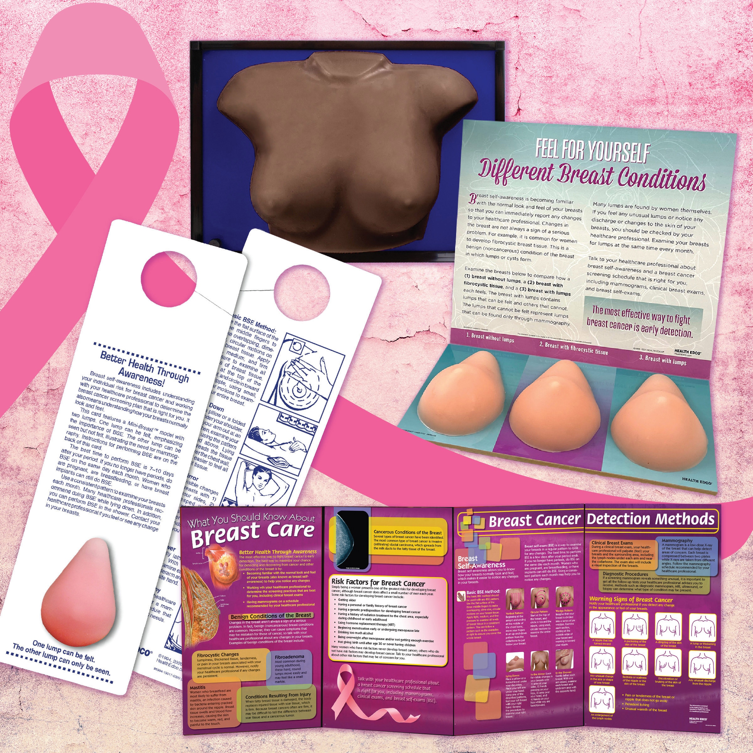 Breast Cancer Awareness Month: pink ribbon for breast cancer awareness and Health Edco breast health education materials