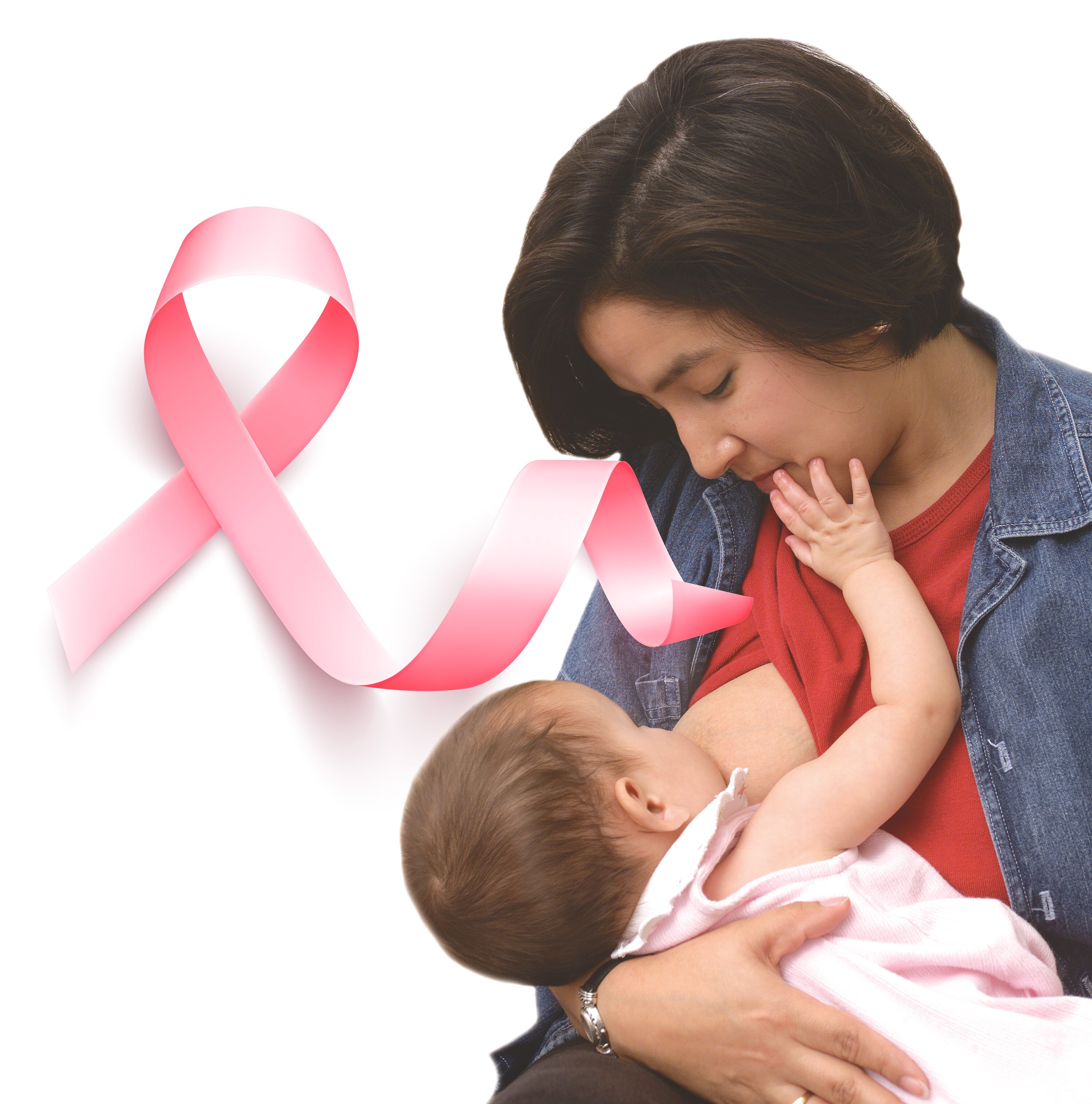 Mother breastfeeding her baby with a breast cancer awareness ribbon