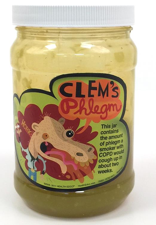 Clem’s Phlegm jar of simulated phlegm tobacco education model from Health Edco