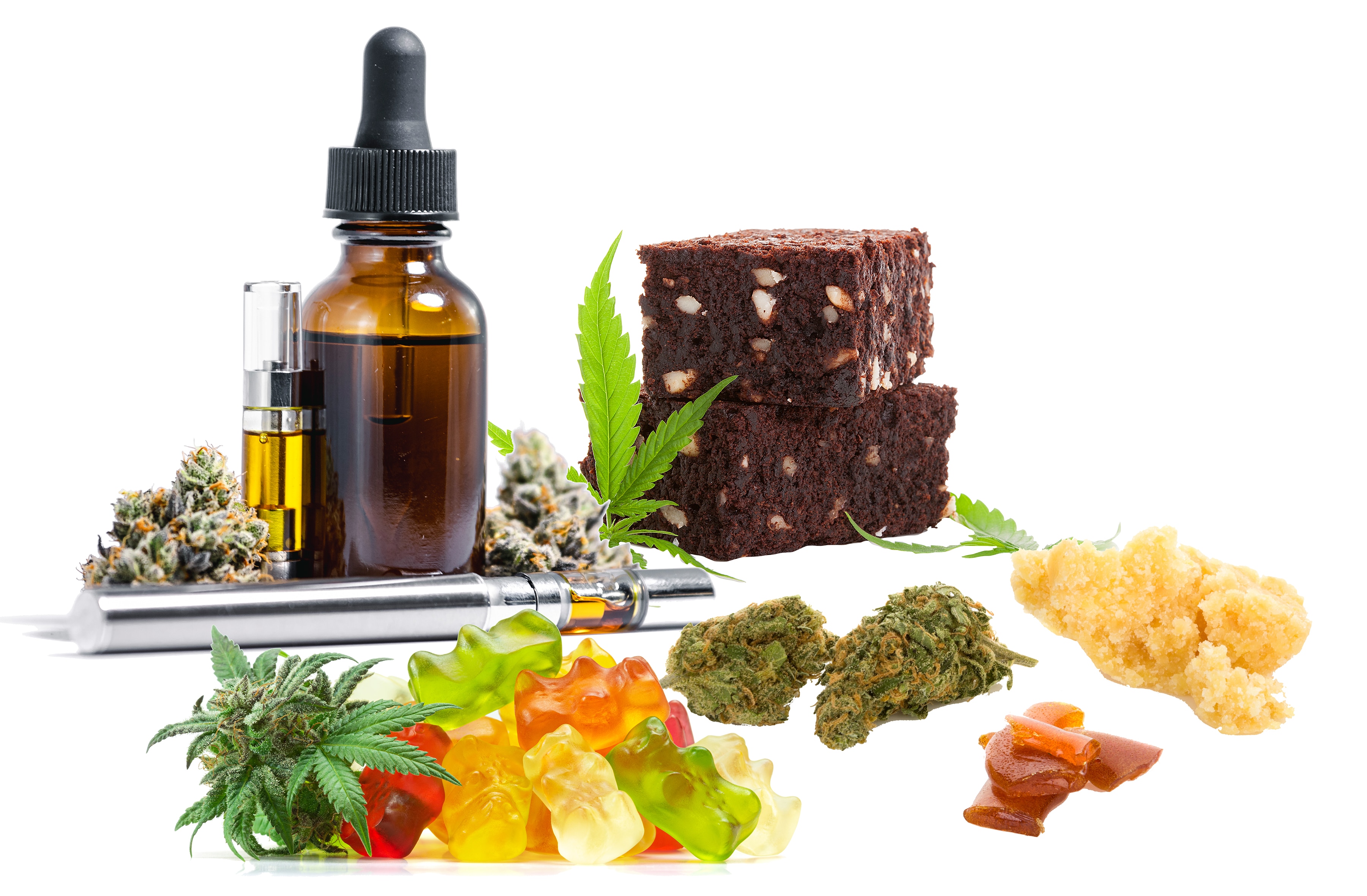 Different forms of marijuana: loose leaf, concentrates, edibles