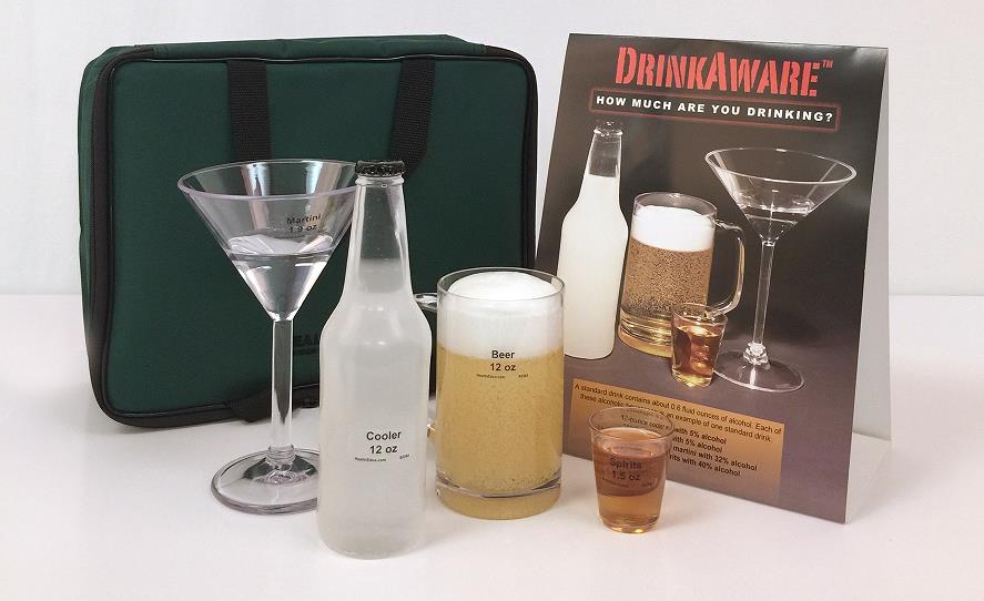 DrinkAware Alcohol Education Display with four models of standard drinks