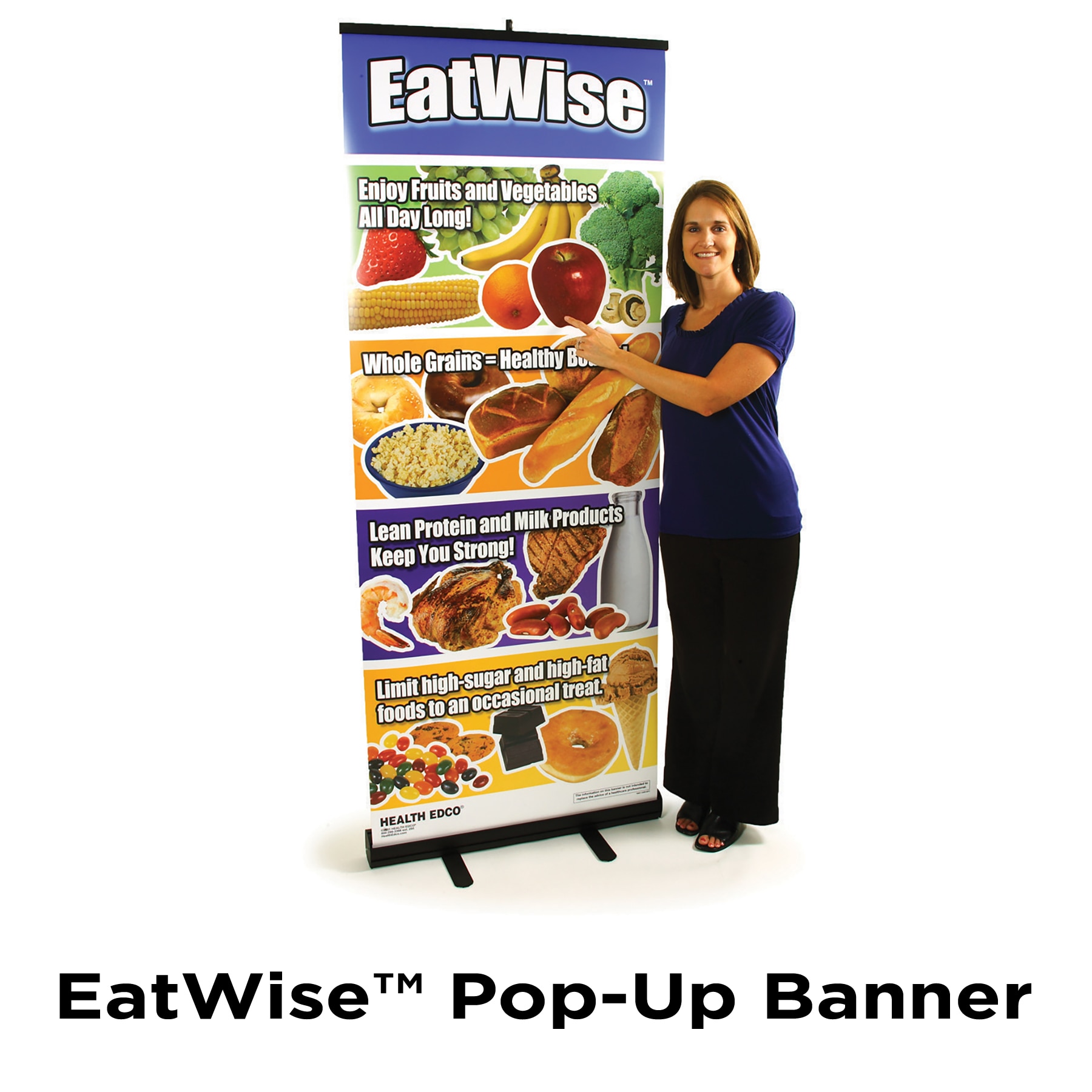 EatWise Pop-Up Banner, health education banner to display the nutrition basics with colorful food images, Health Edco, 70051
