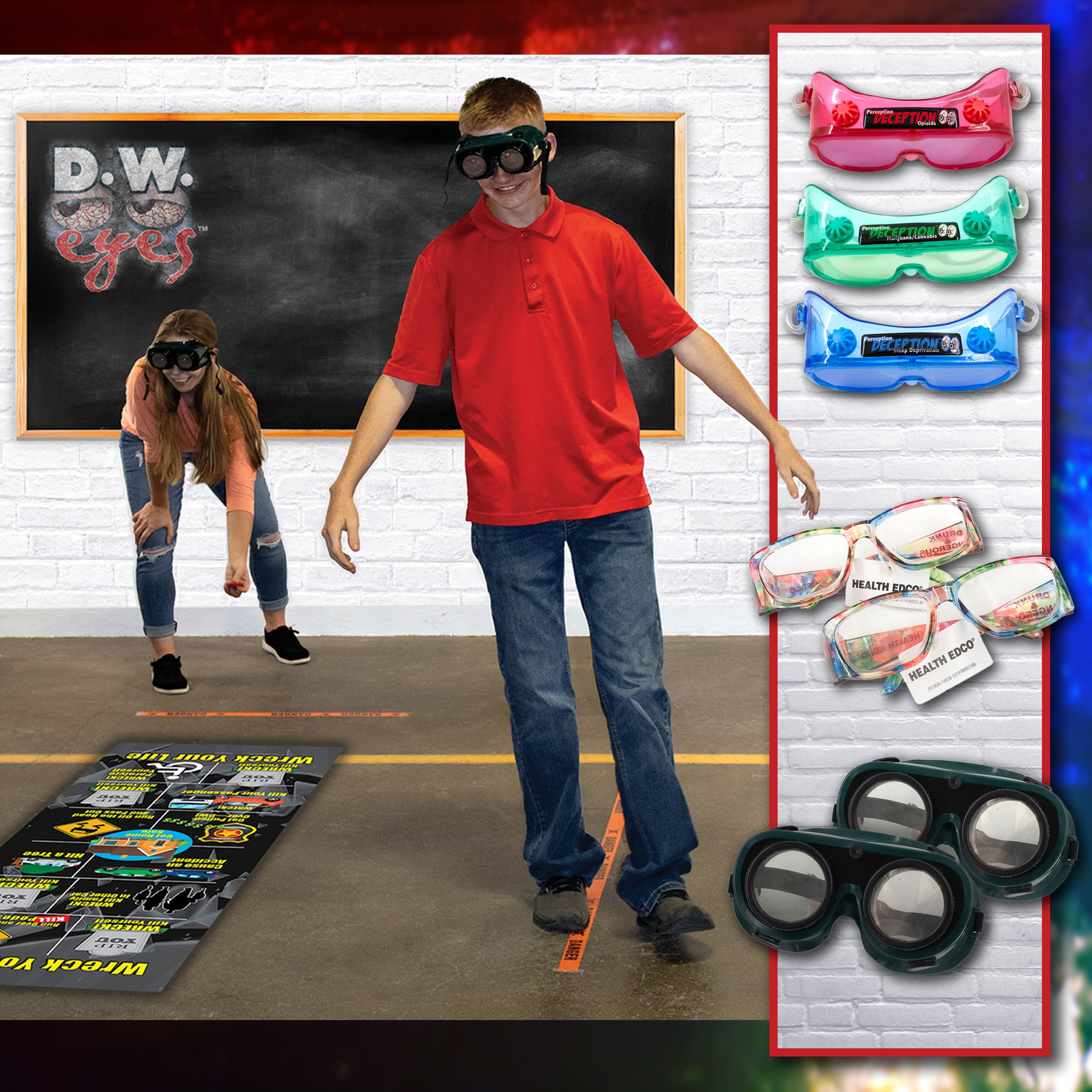 Health Edco simulation goggles, student wearing drunk goggles and other examples of health education simulation goggles