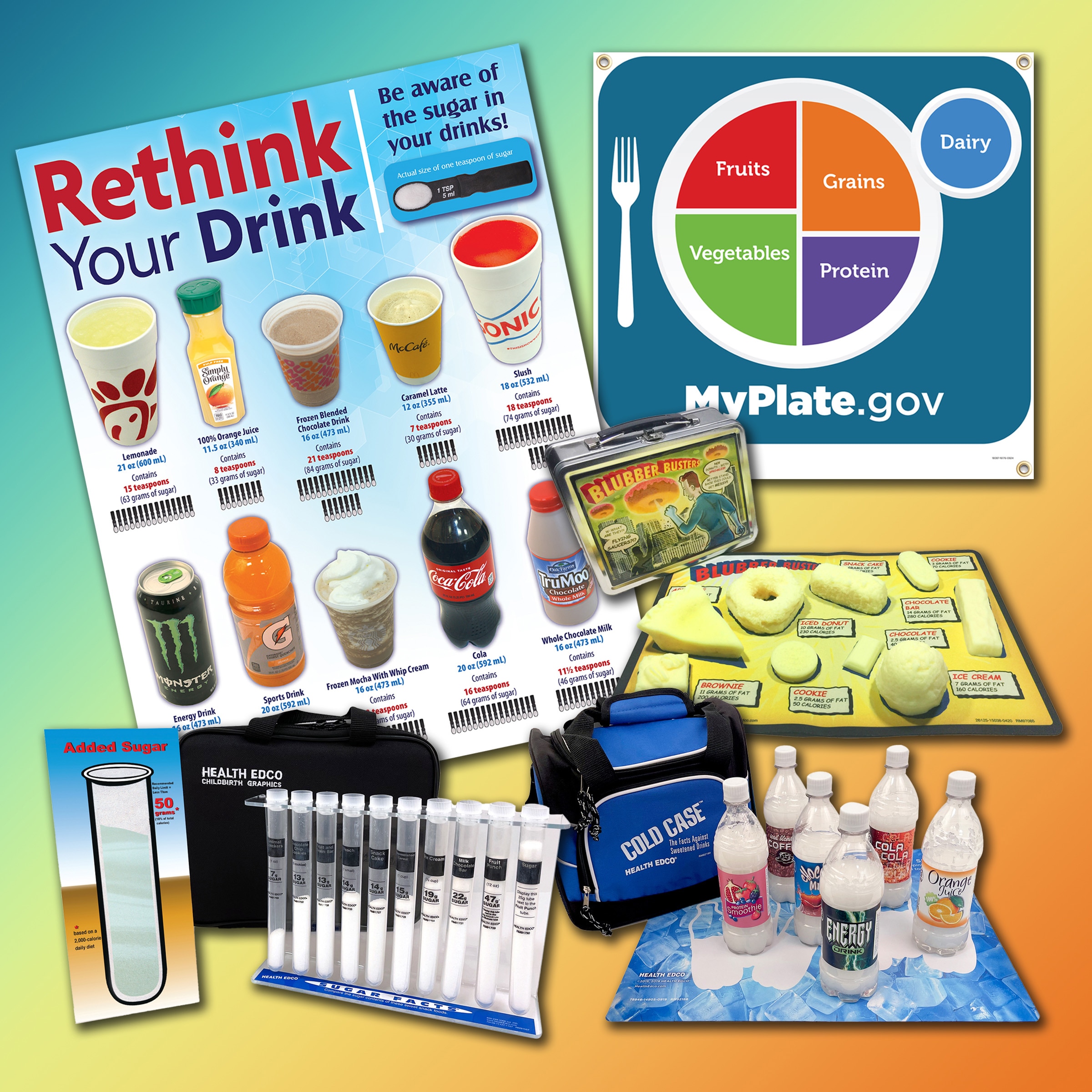 Health Edco nutrition education materials and models to teach about added sugars in processed foods, health education tools