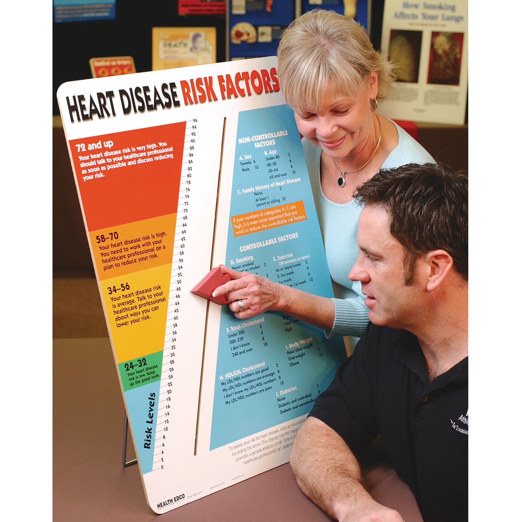 Two people using Health Edco’s Heart Disease Risk Factors Display