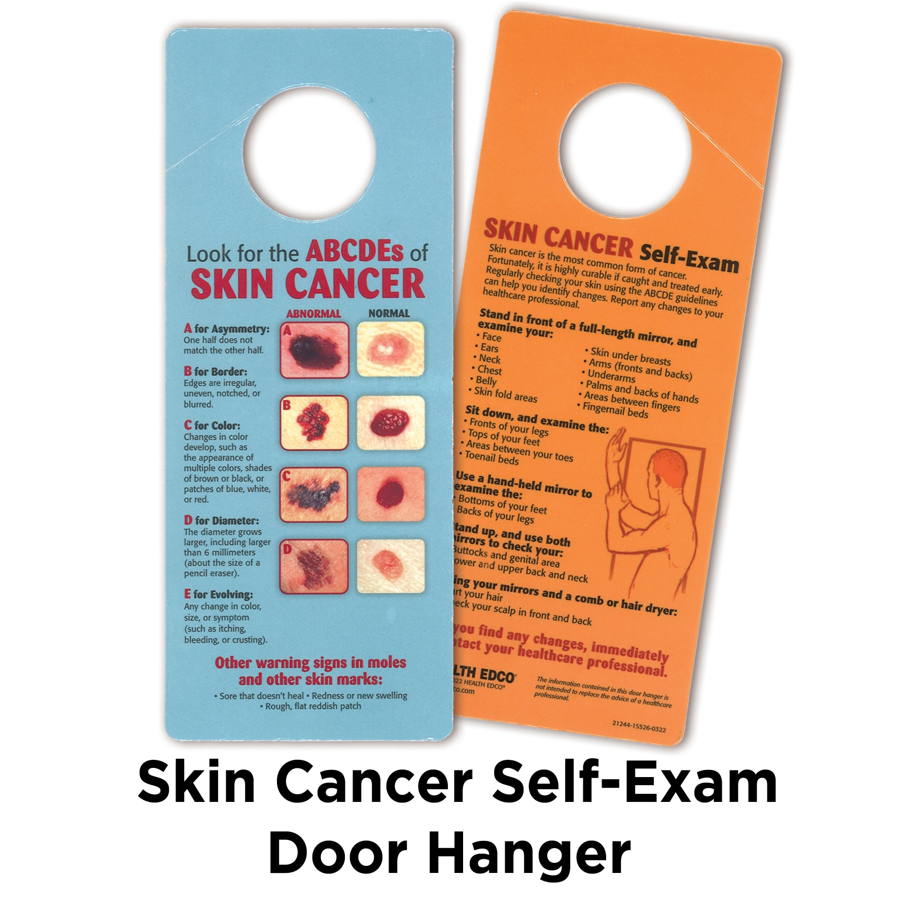 Skin Cancer Self-Exam Door Hanger, health education card with skin self-exam instructions and color images, Health Edco 21244