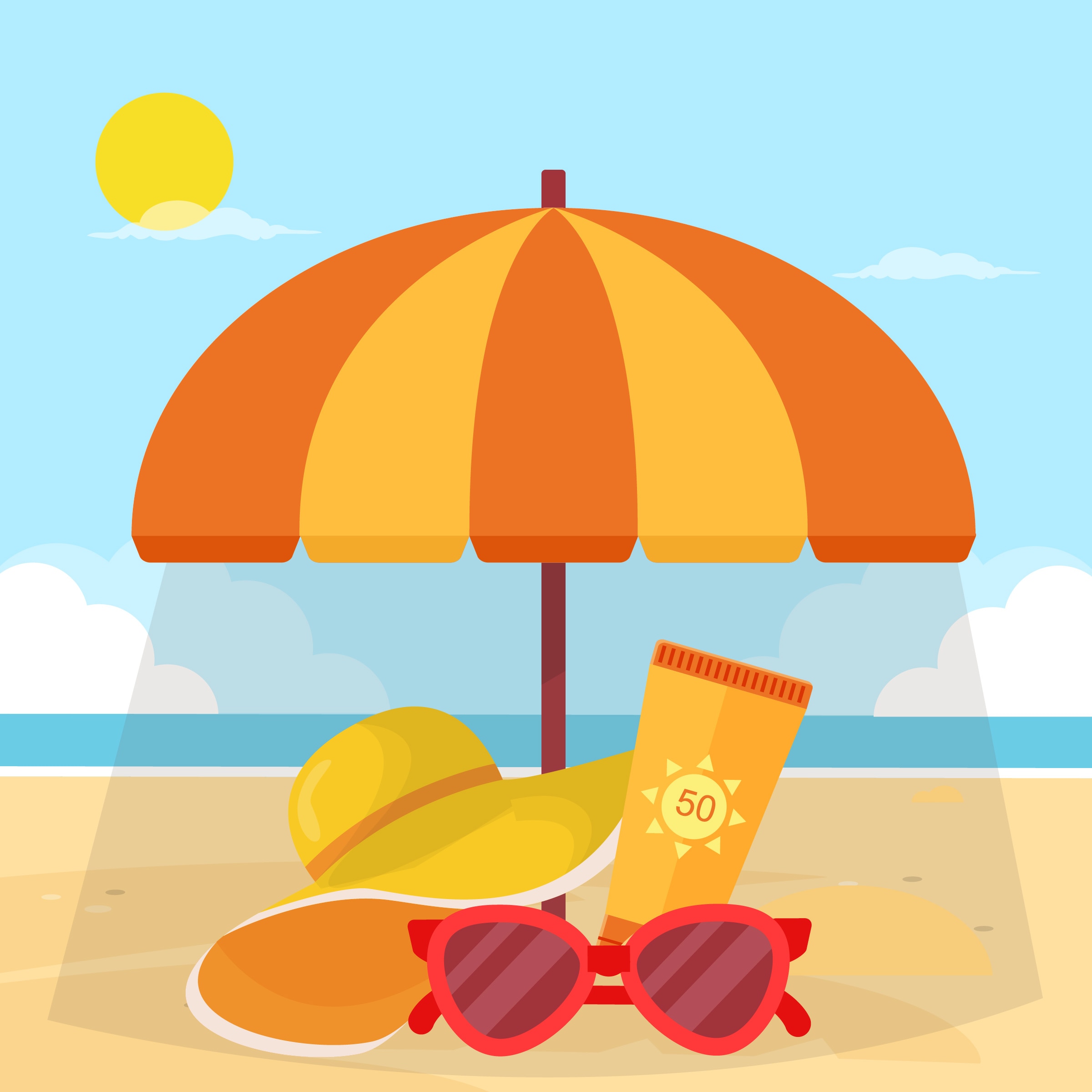 Sun Safety image with large beach umbrella, sunscreen, sun hat, and sunglasses, Health Edco sun safety educational materials